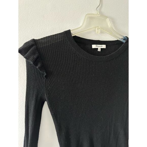 Madewell Top Women's XS Black Sweater Ruffle Ribbed Lightweight Pullover - Picture 2 of 7